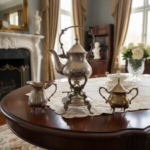 Vintage Silverplate Tilting Tea Set-Teapot Creamer Sugar Bowl-Victorian Style